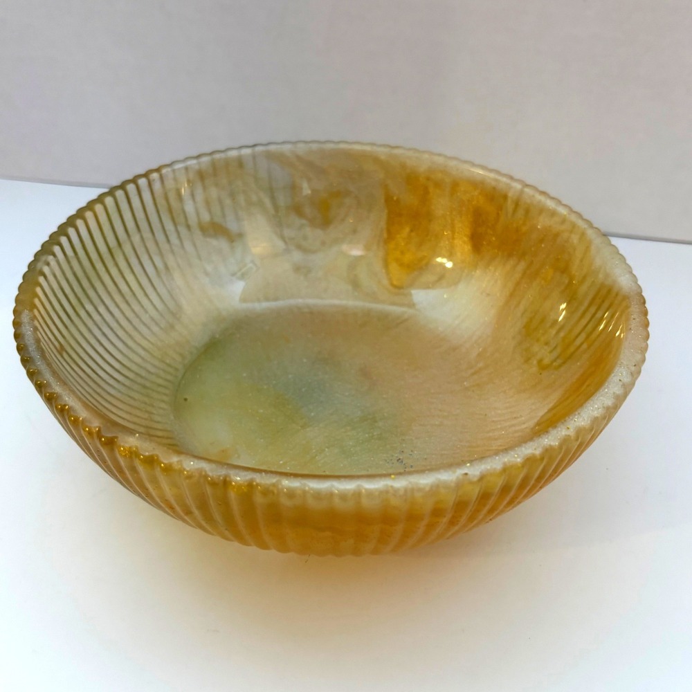 Handmade Resin Art Bowl Gold Amber Swirl Ribbed Texture Decorative Centerpiece